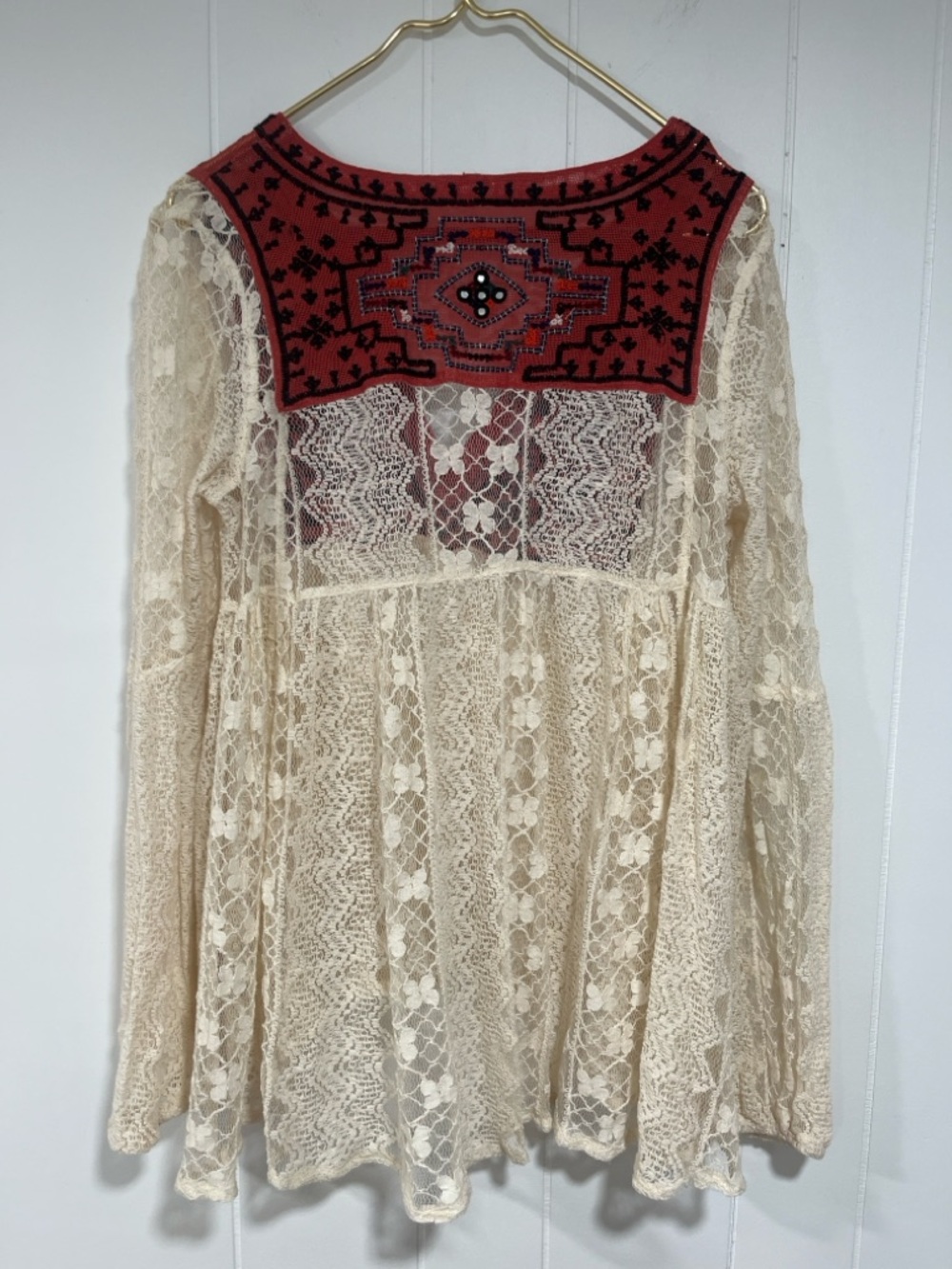 Free People Casablanca Embroidered Lace Boho Tunic Top Festival Bell Sleeve S - Picture 4 of 11